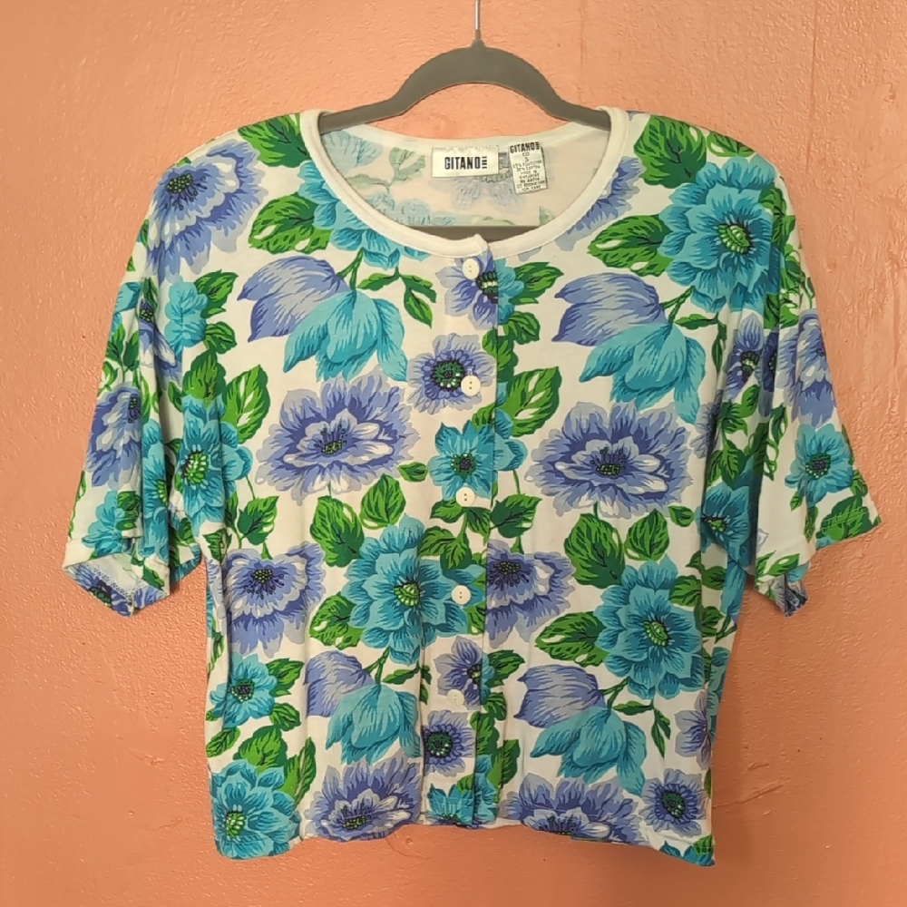 Vintage 90's Gitano Blue and Green Floral Buttoned Boxy Blouse
